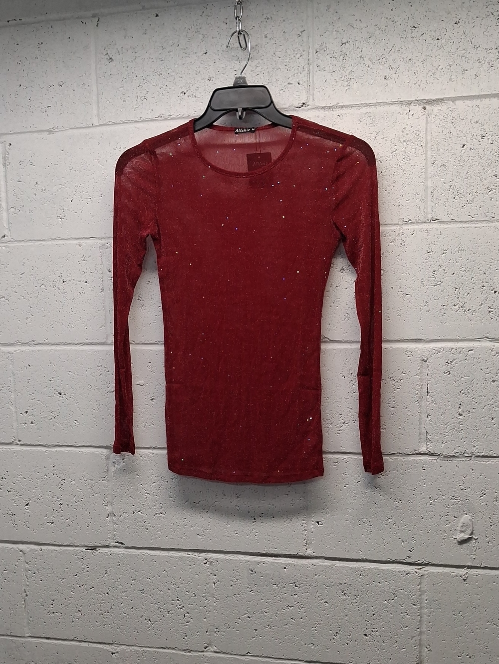 NWT Womens Allchic Sheer Long-Sleeve Sparkle Top - Red